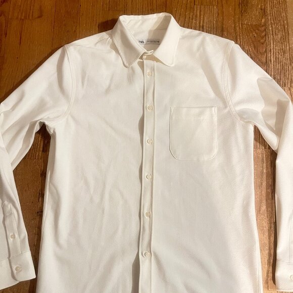 NEW ZARA MENS LONG SLEEVE TEXTURED SHIRT TOP M ECRU WITH FRONT POCKET - Picture 1 of 7